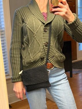 The Sak Boho Crochet Knit Mini Crossbody Bag Black Woven Purse VGUC